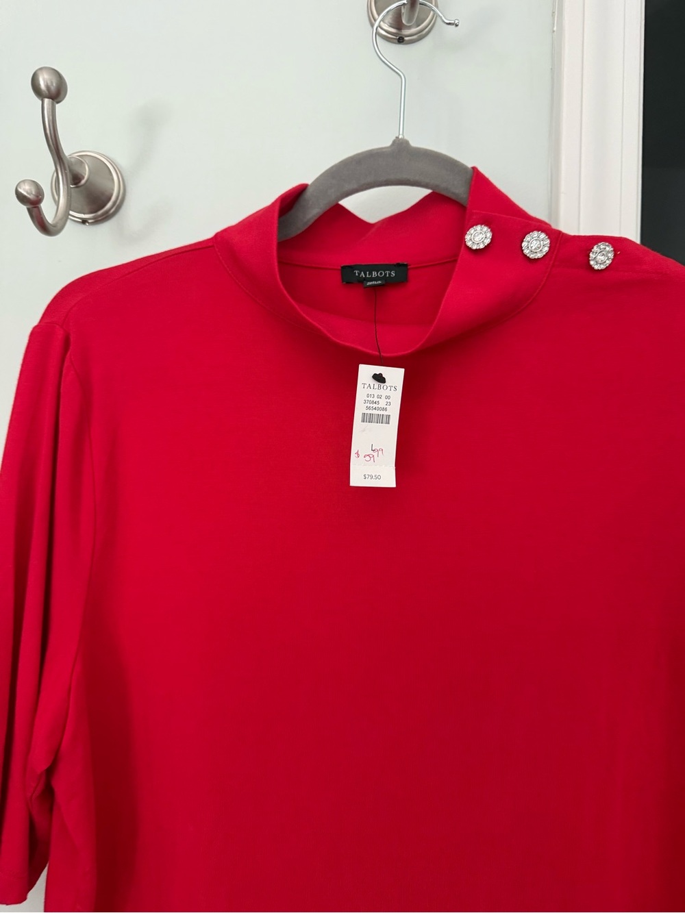 Talbots Bright Red Short Sleeve Mock Neck Top with Jeweled Shoulder Buttons